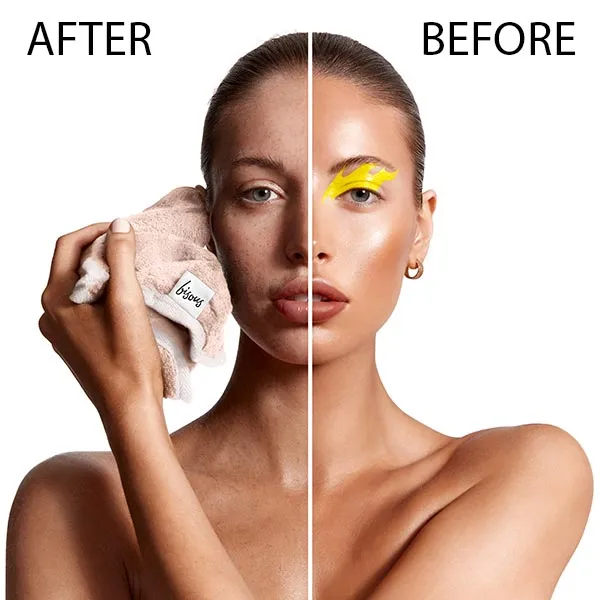 Before and after: half a face of makeup removed with a Bisous cloth and water